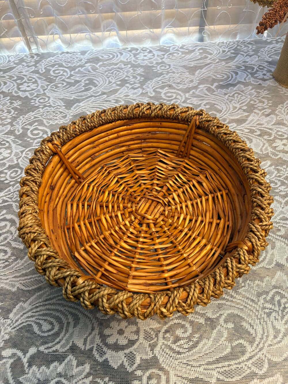 Round Woven Basket with Decorative Rope-Wrapped Rim - Picture 1 of 6